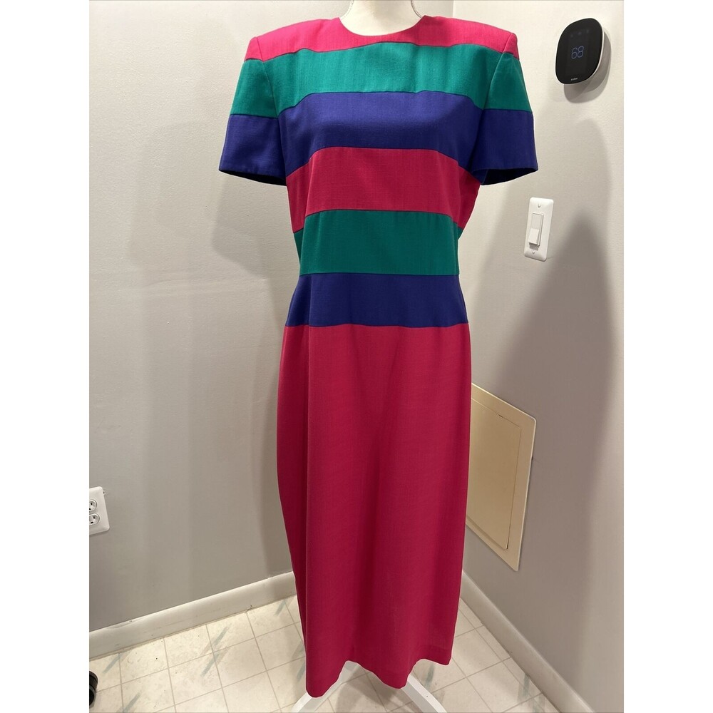Vtg 80s Leslie Lucks Sheath Dress Pink Purple Green Striped Short Sleeve Size 12